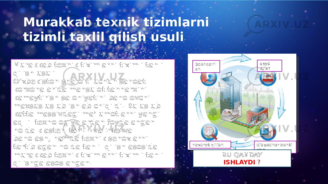 Murakkab texnik tizimlarni tizimli taxlil qilish usuli boshqari shMurakkab texnik tizimlarni tizimli tahlil qilish usuli O‘zbekiston sharoiti uchun sanoat korxonalarida mahsulot tannarxini kamaytirish salohiyatini baholovchi maxsus uslub ishlab chiqildi. Bu uslub katta massivdagi ma’lumotlarni yangi aqlli texnologiyalardan foydalangan holda klaster tahlili va interval baholash, hamda texnik senozlarni tartiblagan holda tahlil qilish asosida murakkab texnik tizimlarni tizimli tahlil qilishga asoslangan. qayd etish dispecherlashti rishnazorat qilish BU QANDAY ISHLAYDI ? 