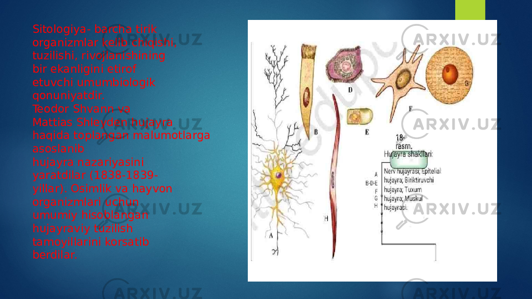 Sitologiya- barcha tirik organizmlar kelib chiqishi, tuzilishi, rivojlanishining bir ekanligini etirof etuvchi umumbiologik qonuniyatdir. Teodor Shvann va Mattias Shleyden hujayra haqida toplangan malumotlarga asoslanib hujayra nazariyasini yaratdilar (1838-1839- yillar). Osimlik va hayvon organizmlari uchun umumiy hisoblangan hujayraviy tuzilish tamoyillarini korsatib berdilar. 