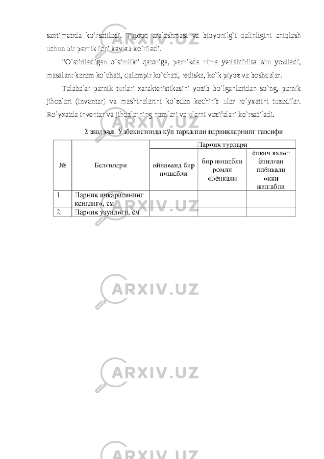 santimetrda ko`rsatiladi. Tuproq aralashmasi va bioyonilg`i qalinligini aniqlash uchun bir parnik ichi kavlab ko`riladi. “O`stiriladigan o`simlik” qatoriga, parnikda nima yetishtirilsa shu yoziladi, masalan: karam ko`chati, qalampir ko`chati, rediska, ko`k piyoz va boshqalar. Talabalar parnik turlari xarakteristikasini yozib bo`lganlaridan so`ng, parnik jihozlari (inventar) va mashinalarini ko`zdan kechirib ular ro`yxatini tuzadilar. Ro`yxatda inventar va jihozlarning nomlari va ularni vazifalari ko`rsatiladi . 