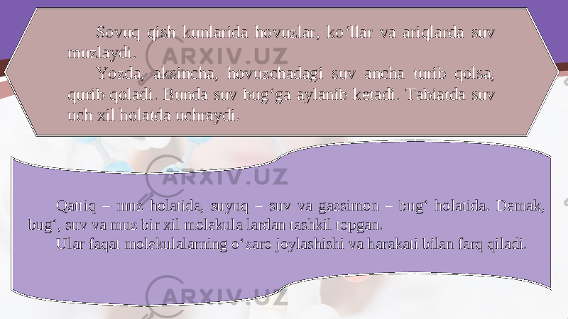 Sovuq qish kunlarida hovuzlar, ko‘llar va ariqlarda suv muzlaydi. Yozda, aksincha, hovuzchadagi suv ancha turib qolsa, qurib qoladi. Bunda suv bug‘ga aylanib ketadi. Tabiatda suv uch xil holatda uchraydi. Qattiq – muz holatida, suyuq – suv va gazsimon – bug‘ holatida. Demak, bug‘, suv va muz bir xil molekula lardan tashkil topgan. Ular faqat molekulalarning o‘zaro joylashishi va harakati bilan farq qiladi. 