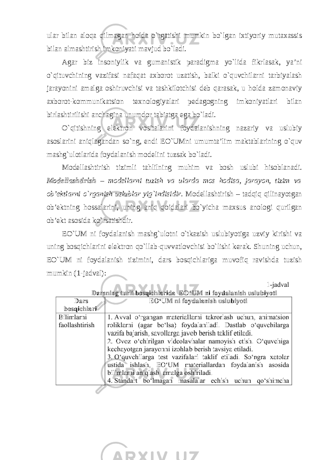 ular bilan aloqa qilmagan holda o`rgatishi mumkin bo`lgan ixtiyoriy mutaxassis bilan almashtirish imkoniyati mavjud bo`ladi. Agar biz insoniylik va gumanistik paradigma yo`lida fikrlasak, ya’ni o`qituvchining vazifasi nafaqat axborot uzatish, balki o`quvchilarni tarbiyalash jarayonini amalga oshiruvchisi va tashkilotchisi deb qarasak, u holda zamonaviy axborot-kommunikatsion texnologiyalari pedagogning imkoniyatlari bilan birlashtirilishi anchagina unumdor tabiatga ega bo`ladi. O`qitishning elektron vositalarini foydalanishning nazariy va uslubiy asoslarini aniqlagandan so`ng, endi EO`UMni umumta’lim maktablarining o`quv mashg`ulotlarida foydalanish modelini tuzsak bo`ladi. Modellashtirish tizimli tahlilning muhim va bosh uslubi hisoblanadi. Modellashtirish – modellarni tuzish va ularda mos hodisa, jarayon, tizim va ob’ektlarni o`rganish uslublar yig`indisidir . Modellashtirish – tadqiq qilinayotgan ob’ektning hossalarini, uning aniq qoidalari bo`yicha maxsus anologi qurilgan ob’ekt asosida ko`rsatishdir. EO`UM ni foydalanish mashg`ulotni o`tkazish uslubiyotiga uzviy kirishi va uning bosqichlarini elektron qo`llab-quvvatlovchisi bo`lishi kerak. Shuning uchun, EO`UM ni foydalanish tizimini, dars bosqichlariga muvofiq ravishda tuzish mumkin (1-jadval): 