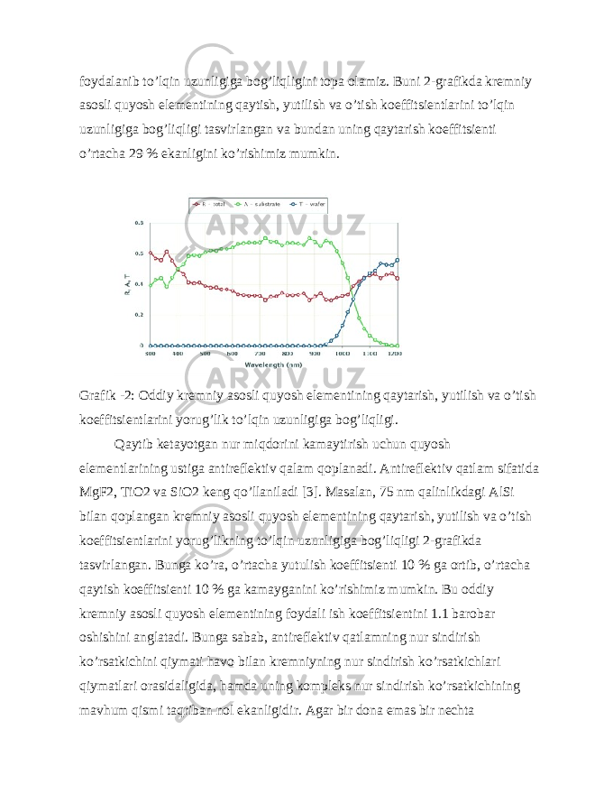 foydalanib to’lqin uzunligiga bog’liqligini topa olamiz. Buni 2-grafikda kremniy asosli quyosh elementining qaytish, yutilish va o’tish koeffitsientlarini to’lqin uzunligiga bog’liqligi tasvirlangan va bundan uning qaytarish koeffitsienti o’rtacha 29 % ekanligini ko’rishimiz mumkin. Grafik -2: Oddiy kremniy asosli quyosh elementining qaytarish, yutilish va o’tish koeffitsientlarini yorug’lik to’lqin uzunligiga bog’liqligi. Qaytib ketayotgan nur miqdorini kamaytirish uchun quyosh elementlarining ustiga antireflektiv qalam qoplanadi. Antireflektiv qatlam sifatida MgF2, TiO2 va SiO2 keng qo’llaniladi [3]. Masalan, 75 nm qalinlikdagi AlSi bilan qoplangan kremniy asosli quyosh elementining qaytarish, yutilish va o’tish koeffitsientlarini yorug’likning to’lqin uzunligiga bog’liqligi 2-grafikda tasvirlangan. Bunga ko’ra, o’rtacha yutulish koeffitsienti 10 % ga ortib, o’rtacha qaytish koeffitsienti 10 % ga kamayganini ko’rishimiz mumkin. Bu oddiy kremniy asosli quyosh elementining foydali ish koeffitsientini 1.1 barobar oshishini anglatadi. Bunga sabab, antireflektiv qatlamning nur sindirish ko’rsatkichini qiymati havo bilan kremniyning nur sindirish ko’rsatkichlari qiymatlari orasidaligida, hamda uning kompleks nur sindirish ko’rsatkichining mavhum qismi taqriban nol ekanligidir. Agar bir dona emas bir nechta 