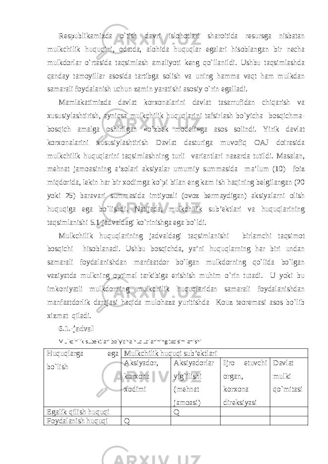 Respublikamizda o`tish davri islohotlari sharoitida resursga nisbatan mulkchilik huquqini, odatda, alohida huquqlar egalari hisoblangan bir necha mulkdorlar o`rtasida taqsimlash amaliyoti keng qo`llanildi. Ushbu taqsimlashda qanday tamoyillar asosida tartibga solish va uning hamma vaqt ham mulkdan samarali foydalanish uchun zamin yaratishi asosiy o`rin egalladi. Mamlakatimizda davlat korxonalarini davlat tasarrufidan chiqarish va xususiylashtirish, ayniqsa mulkchilik huquqlarini tafsirlash bo`yicha bosqichma- bosqich amalga oshirilgan «o`zbek modeli»ga asos solindi. Yirik davlat korxonalarini xususiylashtirish Davlat dasturiga muvofiq OAJ doirasida mulkchilik huquqlarini taqsimlashning turli variantlari nazarda tutildi. Masalan, mehnat jamoasining a’zolari aksiyalar umumiy summasida ma’lum (10) foiz miqdorida, lekin har bir xodimga ko`pi bilan eng kam ish haqining belgilangan (20 yoki 25) baravari summasida imtiyozli (ovoz bermaydigan) aksiyalarni olish huquqiga ega bo`lishdi. Natijada, mulkchilik sub’ektlari va huquqlarining taqsimlanishi 5.1-jadvaldagi ko`rinishga ega bo`ldi. Mulkchilik huquqlarining jadvaldagi taqsimlanishi birlamchi taqsimot bosqichi hisoblanadi. Ushbu bosqichda, ya’ni huquqlarning har biri undan samarali foydalanishdan manfaatdor bo`lgan mulkdorning qo`lida bo`lgan vaziyatda mulkning optimal tarkibiga erishish muhim o`rin tutadi. U yoki bu imkoniyatli mulkdorning mulkchilik huquqlaridan samarali foydalanishdan manfaatdorlik darajasi haqida mulohaza yuritishda Kouz teoremasi asos bo`lib xizmat qiladi. 6.1.-jadval Mulkchilik subektlari bo`yicha huquqlarining taqsimlanishi H uquqlarga ega bo`lish Mulkchilik huquqi sub’ektlari Aksiyador, korxona xodimi Aksiyadorlar yig`ilishi (mehnat jamoasi) Ijro etuvchi organ, korxona direksiyasi Davlat mulki qo`mitasi Egalik qilish huquqi Q Foydalanish huquqi Q 