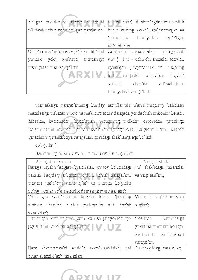 bo`lgan tovarlar va xizmatlar sifatini o`lchash uchun zarur bo`lgan xarajatlar resurslar sarflari, shuningdek mulkchilik huquqlarining yaxshi tafsirlanmagan va ishonchsiz himoyadan ko`rilgan yo`qotishlar Shartnoma tuzish xarajatlari - bitimni yuridik yoki xufyona (norasmiy) rasmiylashtirish xarajatlari Uchinchi shaxslardan himoyalash xarajatlari - uchinchi shaxslar (davlat, uyushgan jinoyatchilik va h.k.)ning bitim natijasida olinadigan foydali samara qismiga e’tirozlaridan himoyalash xarajatlari Transaksiya xarajatlarining bunday tasniflanishi ularni miqdoriy baholash masalasiga nisbatan mikro va makroiqtisodiy darajada yondashish imkonini beradi. Masalan, kvartiradan foydalanish huquqining mulkdor tomonidan ijarachiga topshirilishini nazarda tutuvchi kvartirani ijaraga olish bo`yicha bitim tuzishda ijarachining transaksiya xarajatlari quyidagi shakllarga ega bo`ladi: 6. 4 .-jadval Kvartira ijarasi bo`yicha transaksiya xarajatlari Xarajat mazmuni Xarajat shakli Ijaraga topshiriladigan kvartiralar, uy-joy bozoridagi narxlar haqidagi axborotni qidirib topish xarajatlari: maxsus nashrlarni xarid qilish va e’lonlar bo`yicha qo`ng`iroqlar yoki rieltorlik firmasiga murojaat etish; Pul shaklidagi xarajatlar va vaqt sarflari; Tanlangan kvartiralar mulkdorlari bilan ijaraning alohida shartlari haqida muloqatlar olib borish xarajatlari; Vositachi sarflari va vaqt sarflari; Tanlangan kvartiralarni borib ko`rish jarayonida uy- joy sifatini baholash xarajatlari Vositachi zimmasiga yuklatish mumkin bo`lgan vaqt sarflari va transport xarajatlari Ijara shartnomasini yuridik rasmiylashtirish, uni notarial tasdiqlash xarajatlari; Pul shaklidagi xarajatlar; 