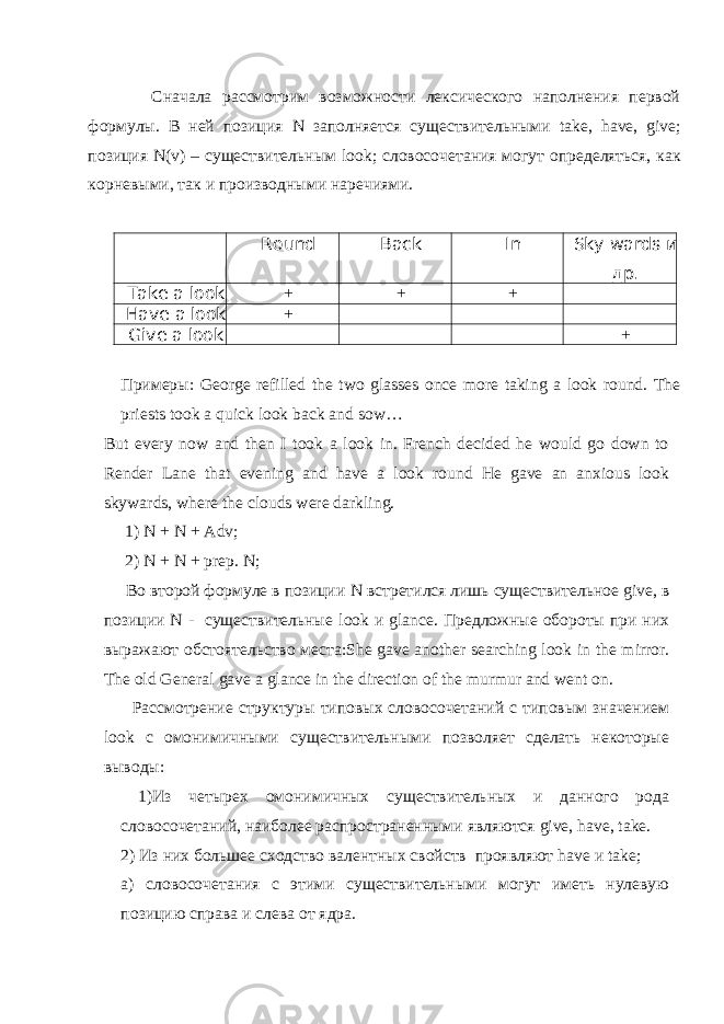  Сначала рассмотрим возможности лексического наполнения первой формулы. В ней позиция N заполняется существительными take , have , give ; позиция N ( v ) – существительным look ; словосочетания могут определяться, как корневыми, так и производными наречиями. Round Back In Sky wards и др. Take a look + + + Have a look + Give a look + Примеры : George refilled the two glasses once more taking a look round. The priests took a quick look back and sow… But every now and then I took a look in. French decided he would go down to Render Lane that evening and have a look round He gave an anxious look skywards, where the clouds were darkling. 1) N + N + Adv ; 2) N + N + prep. N ; Во второй формуле в позиции N встретился лишь существительное give , в позиции N - существительные look и glance . Предложные обороты при них выражают обстоятельство места: She gave another searching look in the mirror . The old General gave a glance in the direction of the murmur and went on. Рассмотрение структуры типовых словосочетаний с типовым значением look с омонимичными существительными позволяет сделать некоторые выводы: 1)Из четырех омонимичных существительных и данного рода словосочетаний, наиболее распространенными являются give , have , take . 2) Из них большее сходство валентных свойств проявляют have и take ; а) словосочетания с этими существительными могут иметь нулевую позицию справа и слева от ядра. 