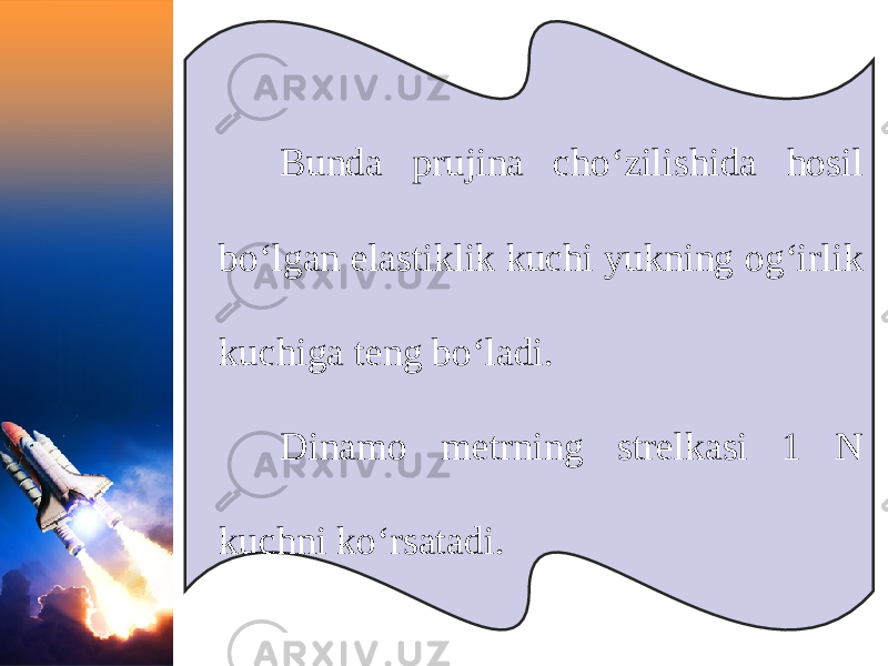 Bunda prujina cho‘zilishida hosil bo‘lgan elastiklik kuchi yukning og‘irlik kuchiga teng bo‘ladi. Dinamo metrning strelkasi 1 N kuchni ko‘rsatadi. 