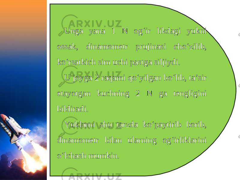 Unga yana 1 N og‘ir likdagi yukni ossak, dinamometr prujinasi cho‘zilib, ko‘rsatkich sim uchi pastga siljiydi. U joyga 2 raqami qo‘yilgan bo‘lib, ta’sir etayotgan kuchning 2 N ga tengligini bildiradi. Yuklarni shu tarzda ko‘paytirib borib, dinamometr bilan ularning og‘irliklarini o‘lchash mumkin. 