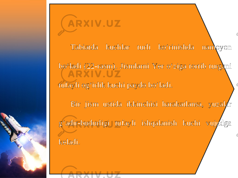 Tabiatda kuchlar turli ko‘rinishda namoyon bo‘ladi (22-rasm). Jismlarni Yer o‘ziga tortib turgani tufayli og‘irlik kuchi paydo bo‘ladi. Bir jism ustida ikkinchisi harakatlansa, yuzalar g‘adir-budurligi tufayli ishqalanish kuchi vujudga keladi. 