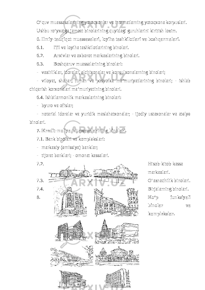 O‘quv muassasalarining yotoqxonlar va internatlarning yotoqxona korpuslari. Ushbu ro‘yxatga jamoat binolarining quyidagi guruhlarini kiritish lozim. 6. Ilmiy-tadqiqot muassasalari, loyiha tashkilotlari va boshqarmalari. 6.1. ITI va loyiha tashkilotlarining binolari. 6.2. Arxivlar va axborot markazlarining binolari. 6.3. Boshqaruv muassalarining binolari: - vazirliklar, idoralar, elchixonalar va konsulxonalarning binolari; - viloyat, shahar, tuman va posyolka ma’muriyatlarining binolari; - ishlab chiqarish korxonalari ma’muriyatining binolari. 6.4. Ishbilarmonlik markazlarining binolari: - byuro va ofislar; - notarial idoralar va yuridik maslahatxonalar; - ijodiy ustaxonalar va atelye binolari. 7. Kredit-moliya muassasalarining binolari. 7.1. Bank binolari va komplekslari: - markaziy (emissiya) banklar; - tijorat banklari; - omonat kassalari. 7.2. Hisob-kitob-kassa markazlari. 7.3. G‘aznachilik binolari. 7.4. Birjalarning binolari. 8. Ko‘p funksiyali binolar va komplekslar. 