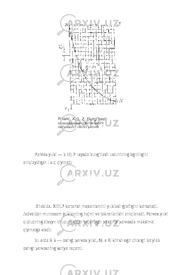  Parvoz yuki — b H)-2-reysda burg’ilash ustunining og&#39;irligini aniqlaydigan l z q qiymati: Shaklda. XIII.2 ko&#39;tarish mexanizmini yuklash grafigini ko&#39;rsatadi. Jadvaldan muntazam yuklarning hajmi va takrorlanishi aniqlanadi. Parvoz yuki quduqning dizayn chuqurligidan bajarilgan yakuniy parvozda maksimal qiymatga etadi: bu erda R k — oxirgi parvoz yuki, N; z K-kirish egri chizig&#39;i bo&#39;ylab oxirgi parvozning seriya raqami. 