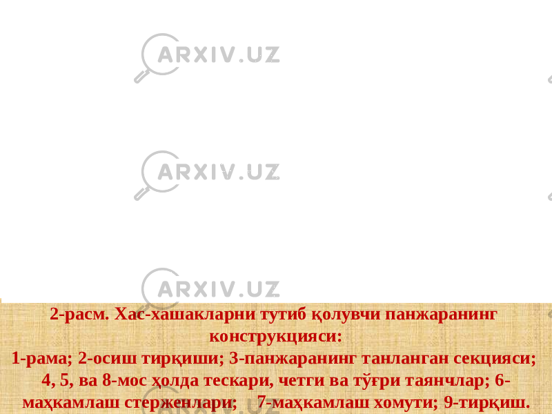 2-расм. Хас-хашакларни тутиб қолувчи панжаранинг конструкцияси: 1-рама; 2-осиш тирқиши; 3-панжаранинг танланган секцияси; 4, 5, ва 8-мос ҳолда тескари, четги ва тўғри таянчлар; 6- маҳкамлаш стерженлари; 7-маҳкамлаш хомути; 9-тирқиш. 