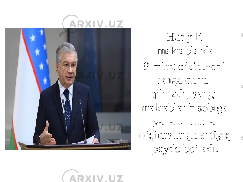 Har yili maktablarda 8 ming o‘qituvchi ishga qabul qilinadi, yangi maktablar hisobiga yana shuncha o‘qituvchiga ehtiyoj paydo bo‘ladi. 