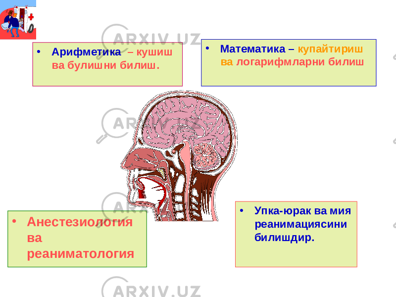 • Арифметика – кушиш ва булишни билиш. • Математика – купайтириш ва логарифмларни билиш • Анестезиология ва реаниматология • Упка-юрак ва мия реанимациясини билишдир. 