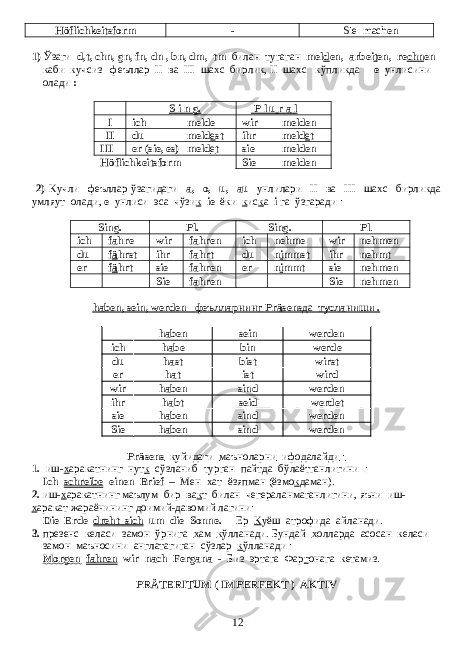 Höflichkeitsform - Sie mach en 1) Ўзаги d,t, chn, gn, fn, dn , bn, dm, tm билан тугаган mel d en, arbei t en, re chn en каби кучсиз феъллар II ва III шахс бирлик , II шахс кўпликда - e унлисини олади : S i n g. P l u r a l I ich melde wir melden II du meld e st ihr meld e t III er (sie, es) meld e t sie melden Höflichkeitsform Sie melden 2) Кучли феъллар ўзагидаги a, o, u, au унлилари II ва III шахс бирликда умляут олади , e унлиси эса чўзи к ie ёки к ис к а i га ўзгаради : Sing. Pl. Sing. Pl . ich fahre wir fahren ich nehme wir nehmen du f ä hrst ihr fahrt du n i mmst ihr nehmt er f ä hrt sie fahren er n i mmt sie nehmen Sie fahren Sie nehme n haben, sein, werden феълларнинг Präsens да тусланиши . haben sein werden ich habe bin werde du hast bist wirst er hat ist wird wir haben sind werden ihr habt seid werdet sie haben sind werden Sie haben sind werden Präsens к уй и даги маъноларни ифодалайди : 1. иш - х аракатнинг нут к сўзланиб турган пайтда бўлаётганлигини : Ich schreibe einen Brief – Мен хат ёзяпман (ёзмо к даман). 2. иш- х аракатнинг маълум бир ва к т билан чегераланмаганлигини, яъни иш- х аракат жараёнининг доимий-давомий лагини: Die Erde dreht sich um die Sonne. - Ер К уёш атрофида айланади. 3. презенс келаси замон ўрнига х ам к ўлланади. Бундай х олларда асосан келаси замон маъносини англатагиган сўзлар к ўлланади : Morgen fahren wir nach Fergana - Биз эртага Фар г онага кетамиз. PR Ä TERITUM ( IMPERFEKT ) AKTIV 12 