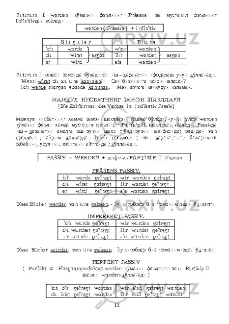 Futurum I werden кўмакчи феълнинг Präsens ва муста к ил феълнинг Infinitiv дан ясалади . werden ( Präsens ) + Infinitiv S i n g u l a r P l u r a l ich werde wir werden du wirst sagen ihr werdet sagen er wird sie werden Futurum I келаси замонда бўладиган иш – х аракатни ифодалаш учун к ўлланади . Wann wirst du zu uns kommen ? - Сен бизникига к ачон келасан? Ich werde morgen abends kommen . - Мен эртага кеч к урун келаман. МАЖ Х УЛ НИСБАТНИНГ ЗАМОН ШАКЛЛАРИ (Die Zeitformen des Verbes im Indikativ Passiv) Маж х ул нисбатнинг х амма замон шакллари к ўшма бўлади , чунки улар werden кўмакчи феъли х амда муста к ил феълнинг Partizip II шаклидан ясалади . Passiv да иш – х аракатни амалга оширувчи шахс ( тўлдирувчи вазифасида ) олдидан von предлоги , айрим х олларда durch предлоги ( иш – х аракатнинг бажарилиш сабабини , усулини , воситани айтганда ) к ўлланади . PASSIV = WERDEN + ас . феъл . PARTIZIP II шакли PRÄSENS PASSIV. ich werde gefragt wir werden gefragt du wirst gefragt ihr werdet gefragt er wird gefragt sie werden gefragt Diese Bücher werden von uns gelesen . - Бу китоблар биз томонимиздан ў к иляпти . IMPERFEKT PASSIV. ich wurde gefragt wir wurden gefragt du wurdest gefragt ihr wurdet gefragt er wurde gefragt sie wurden gefragt Diese Bücher wurden von uns gelesen . - Бу китоблар биз томонимиздан ў к илган . PERFEKT PASSIV ( Perfekt ва Plusguamperfekt да werden кўмакчи феълнинг эски Partizip II шакли worden к ўлланади ) ich bin gefragt worden wir sind gefragt worden du bist gefragt worden ihr seid gefragt worden 16 