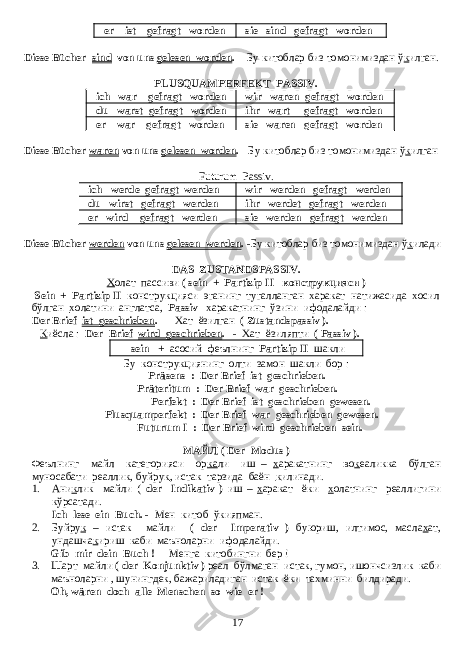  er ist gefragt worden sie sind gefragt worden Diese Bücher sind von uns gelesen worden . - Бу китоблар биз томонимиздан ў к илган. PLUSQUAMPERFEKT PASSIV. ich war gefragt worden wir waren gefragt worden du warst gefragt worden ihr wart gefragt worden er war gefragt worden sie waren gefragt worden Diese Bücher waren von uns gelesen worden . - Бу китоблар биз томонимиздан ў к илган Futurum Passiv. ich werde gefragt werden wir werden gefragt werden du wirst gefragt werden ihr werdet gefragt werden er wird gefragt werden sie werden gefragt werden D iese Bücher werden von uns gelesen werden . - Бу китоблар биз томонимиздан ў к илади DAS ZUSTANDSPASSIV. Х олат пассиви ( sein + Partizip II конструкцияси ) Sein + Partizip II конструкцияси эганинг тугалланган х аракат натижасида х осил бўлган х олатини англатса , Passiv х аракатнинг ўзини ифодалайди : Der Brief ist geschrieben . - Хат ёзилган ( Zustandspassiv ). К иёсла : Der Brief wird geschrieben . - Хат ёзиляпти ( Passiv ). sein + асосий феълнинг Partizip II шакли Бу конструкциянинг олти замон шакли бор : Präsens : Der Brief ist geschrieben. Präteritum : Der Brief war geschrieben. Perfekt : Der Brief ist geschrieben gewesen. Plusquamperfekt : Der Brief war geschrieben gewesen. Futurum I : Der Brief wird geschrieben sein. МАЙЛ ( Der Modus ) Феълнинг майл категорияси ор ка ли иш – х аракатнинг во к еаликка бўлган муносабати реаллик, буйру к , истак тарзида баён к илинади. 1. Ани к лик майли ( der Indikativ ) иш – х аракат ёки х олатнинг реаллигини кўрсатади. Ich lese ein Buch. - Мен китоб ўкияпман. 2. Буйру к – истак майли ( der Imperativ ) буюриш, илтимос, масла х ат, ундашча к ириш каби маъноларни ифодалайди. Gib mir dein Buch ! - Менга китобингни бер ! 3. Шарт майли ( der Konjunktiv ) реал бўлмаган истак, гумон, ишончсизлик каби маъноларни , шунингдек, бажариладиган истак ёки тахминни билдиради. Oh, wären doch alle Menschen so wie er ! - 17 