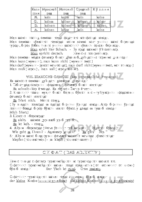 Кели- шик Мужской род Женский род Средний род К ў п л и к N. kein keine kein keine G. keines keiner keines keiner D. keinem keiner keinem keinen A. keinen keine kein keine М an шахси ноани к олмоши гапда фа к ат эга вазифасида келади . М an олмоши к ўлланган гапларда кесим х амма ва к т учинчи шахс бирликда туради , биро к ўзбек тилига учинчи шахснинг кўплиги ор к али берилади . Man spielt hier Schach. - Бу ерда шахмат ўйнаяптилар. Man spricht deutsch. - Немисча гапиряптилар . Man олмоши модал феъллар билан к ўшилиб , к уйидагича таржима к илинади : Man kann ( мумкин ), man kann nicht ( мумкин эмас ) М an darf ( мумкин - рухсат маъносида ), man darf nicht ( мумкин эмас , ман этилади ) М an muß ( керак ) , man soll ( керак , лозим ) VIII. ШАХССИЗ ОЛМОШ ( Das unpersönliche Pronomen ) Es шахссиз олмоши к уйидаги х олларда к ўлланади : 1. Табиат х одисаларини ифодаловчи феъллар билан келганда: Es schneit – Кор ё г мо к да . Е s regnet – Ём г ир ё г япти . 2. Кишининг таш к и му х ит билан бо г ли к бўлган х ис – туй г уларини ифодаловчи феъллар билан келганда : Es friert mich. - Менга сову к . ( Бу хилдаги гапларда es одатда биринчи ўринда келади. Агар биринчи ўринда гапнинг бош к а бирор бўлаги келган бўлса. у х олда es тушиб колади: Mich friert. ) 3. Шахссиз ибораларда: Es zieht. - шамол г уриллаб уриб турибти. Es ist kalt. - сову к . 4. Айрим ибораларда ( Феъл ўзининг туб маъносини йў к отган бўлади ): Wie geht es Ihnen ? - А х воллар к андай? Es gibt. - Бор. 5.: Айрим шахс билдирувчи феъллар шахссиз маънода к ўлланганда: klopfen ( та к иллатмо к ) - es klopft ( та к иллатишяпти ) С И Ф А Т ( D AS ADJEKTIV ) Немис тилида сифатлар турланмайдиган ва турланадиган шаклга эга. Сифатнинг турланмайдиган шакли гапда предикатив ( от кесимнинг от кисми) бўлиб келади: Der Tisch ist rund . - Стол юмало к . Сифатнинг турланадиган шакли гапда аникловчи бўлиб келади: der kleine Knabe ( кичкина у г ил бола ) die kleinen Knaben ( кичкина у г ил болалар ) 28 