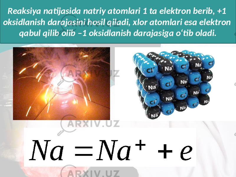 Reaksiya natijasida natriy atomlari 1 ta elektron berib, +1 oksidlanish darajasini hosil qiladi, xlor atomlari esa elektron qabul qilib olib –1 oksidlanish darajasiga o‘tib oladi. 