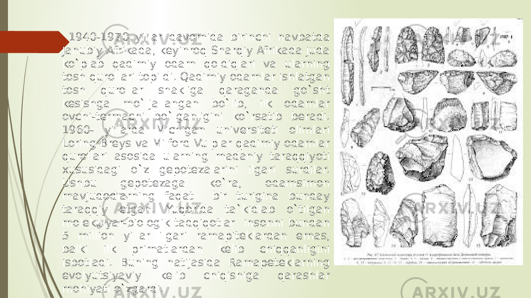  1940-1970 yillar davomida birinchi navbatda Janubiy Afrikada, keyinroq Sharqiy Afrikada juda ko`plab qadimiy odam qoldiqlari va ularning tosh qurollari topildi. Qadimiy odamlar ishlatgan tosh qurollar shakliga qaraganda go`sht kesishga mo`ljallangan bo`lib, ilk odamlar ovchi-termachi bo`lganligini ko`rsatib beradi. 1960- yillarda Michigan universiteti olimlari Loring Breys va Milford Vulplar qadimiy odamlar qurollari asosida ularning madaniy taraqqiyoti xususidagi o`z gepotezalarini ilgari surdilar. Ushbu gepotezaga ko`ra, odamsimon mavjudodlarning faqat bir turigina bunday taraqqiy etgan. Yuqorida ta`kidlab o`tilgan molekulyar-biologik tadqiqotlar insonni bundan 5 million yillar ilgari ramapiteklardan emas, balki ilk primatlardan kelib chiqqanligini isbotladi. Buning natijasida Ramapeteklarning evolyutsiyaviy kelib chiqishiga qarashlar mohiyati o`zgardi. 