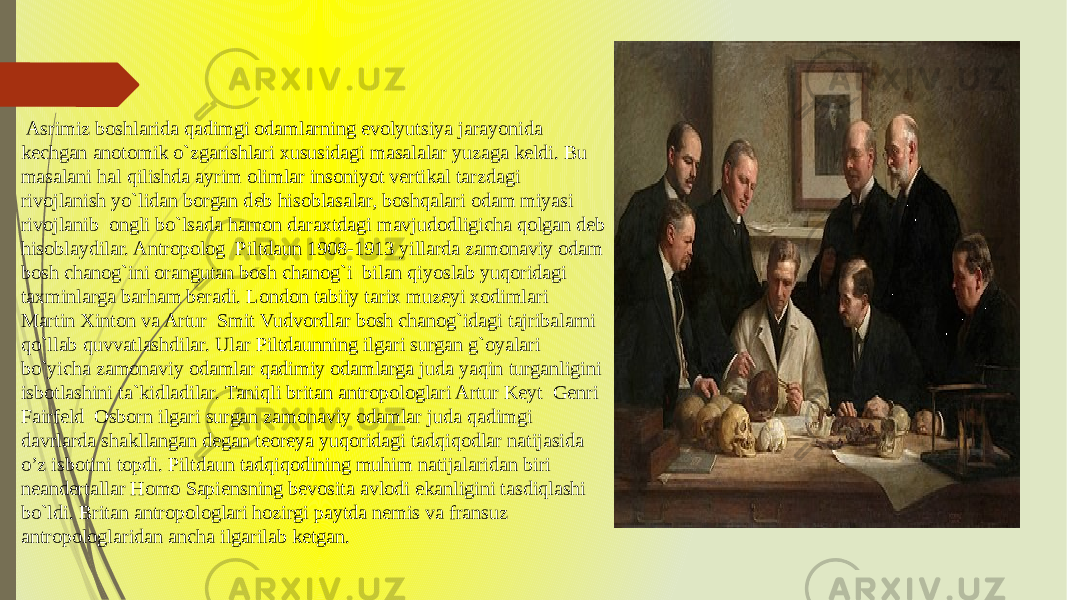  Asrimiz boshlarida qadimgi odamlarning evolyutsiya jarayonida kechgan anotomik o`zgarishlari xususidagi masalalar yuzaga keldi. Bu masalani hal qilishda ayrim olimlar insoniyot vertikal tarzdagi rivojlanish yo`lidan borgan deb hisoblasalar, boshqalari odam miyasi rivojlanib ongli bo`lsada hamon daraxtdagi mavjudodligicha qolgan deb hisoblaydilar. Antropolog Piltdaun 1908-1913 yillarda zamonaviy odam bosh chanog`ini orangutan bosh chanog`i bilan qiyoslab yuqoridagi taxminlarga barham beradi. London tabiiy tarix muzeyi xodimlari Martin Xinton va Artur Smit Vudvordlar bosh chanog`idagi tajribalarni qo`llab quvvatlashdilar. Ular Piltdaunning ilgari surgan g`oyalari bo`yicha zamonaviy odamlar qadimiy odamlarga juda yaqin turganligini isbotlashini ta`kidladilar. Taniqli britan antropologlari Artur Keyt Genri Fairfeld Osborn ilgari surgan zamonaviy odamlar juda qadimgi davrlarda shakllangan degan teoreya yuqoridagi tadqiqodlar natijasida o’z isbotini topdi. Piltdaun tadqiqodining muhim natijalaridan biri neandertallar Homo Sapiensning bevosita avlodi ekanligini tasdiqlashi bo`ldi. Britan antropologlari hozirgi paytda nemis va fransuz antropologlaridan ancha ilgarilab ketgan. 