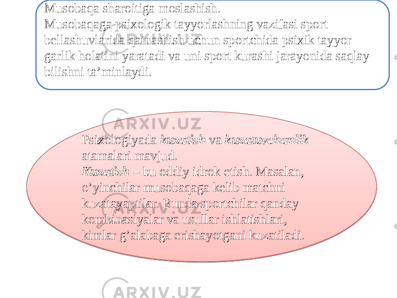 Musobaqa sharoitiga moslashish. Musobaqaga psixologik tayyorlashning vazifasi sport bellashuvlarida qatnashish uchun sportchida psixik tayyor- garlik holatini yaratadi va uni sport kurashi jarayonida saqlay bilishni ta’minlaydi. Psixologiyada kuzatish va kuzatuvchanlik atamalari mavjud. Kuzatish – bu oddiy idrok etish. Masalan, o’yinchilar musobaqaga kelib matchni kuzatayaptilar. Bunda sportchilar qanday kombinasiyalar va usullar ishlatishlari, kimlar g’alabaga erishayotgani kuzatiladi.2D 0614 1E04 070614 11 04 1914 24111D19 0922170E 1B191A 1B0912 1B0E 