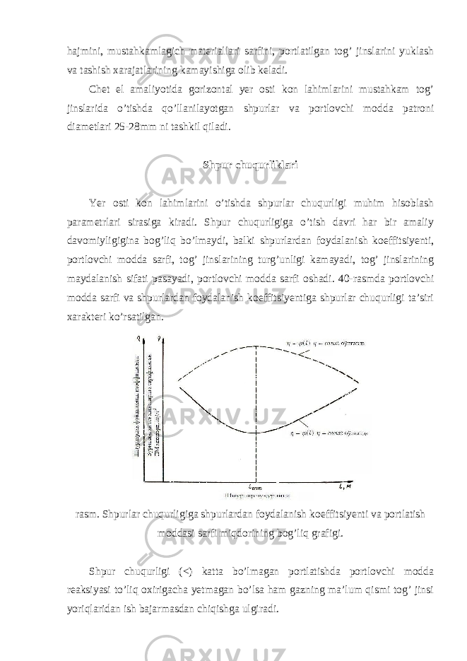 hajmini, mustahkamlagich materiallari sarfini, portlatilgan tog’ jinslarini yuklash va tashish xarajatlarining kamayishiga olib keladi. Chet el amaliyotida gorizontal yer osti kon lahimlarini mustahkam tog’ jinslarida o’tishda qo’llanilayotgan shpurlar va portlovchi modda patroni diametlari 25-28mm ni tashkil qiladi. Shpur chuqurliklari Yer osti kon lahimlarini o’tishda shpurlar chuqurligi muhim hisoblash parametrlari sirasiga kiradi. Shpur chuqurligiga o’tish davri har bir amaliy davomiyligigina bog’liq bo’lmaydi, balki shpurlardan foydalanish koeffitsiyenti, portlovchi modda sarfi, tog’ jinslarining turg’unligi kamayadi, tog’ jinslarining maydalanish sifati pasayadi, portlovchi modda sarfi oshadi. 40-rasmda portlovchi modda sarfi va shpurlardan foydalanish koeffitsiyentiga shpurlar chuqurligi ta’siri xarakteri ko’rsatilgan. rasm. Shpurlar chuqurligiga shpurlardan foydalanish koeffitsiyenti va portlatish moddasi sarfi miqdorining bog’liq grafigi. Shpur chuqurligi ( < ) katta bo’lmagan portlatishda portlovchi modda reaksiyasi to’liq oxirigacha yetmagan bo’lsa ham gazning ma’lum qismi tog’ jinsi yoriqlaridan ish bajarmasdan chiqishga ulgiradi. 