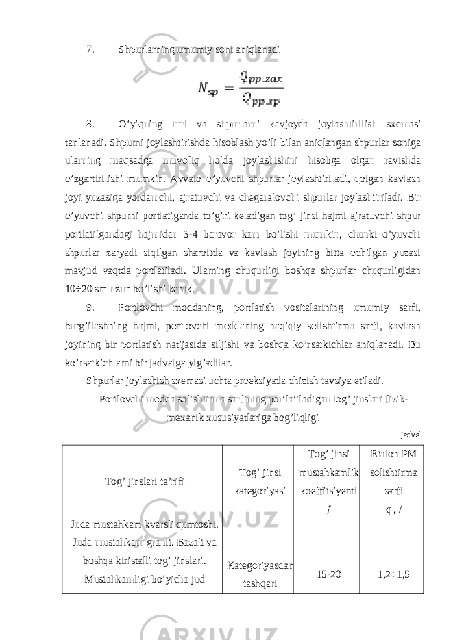 7. Shpurlarning umumiy soni aniqlanadi 8. O’yiqning turi va shpurlarni kavjoyda joylashtirilish sxemasi tanlanadi. Shpurni joylashtirishda hisoblash yo’li bilan aniqlangan shpurlar soniga ularning maqsadga muvofiq holda joylashishini hisobga olgan ravishda o’zgartirilishi mumkin. Avvalo o’yuvchi shpurlar joylashtiriladi, qolgan kavlash joyi yuzasiga yordamchi, ajratuvchi va chegaralovchi shpurlar joylashtiriladi. Bir o’yuvchi shpurni portlatiganda to’g’ri keladigan tog’ jinsi hajmi ajratuvchi shpur portlatilgandagi hajmidan 3-4 baravor kam bo’lishi mumkin, chunki o’yuvchi shpurlar zaryadi siqilgan sharoitda va kavlash joyining bitta ochilgan yuzasi mavjud vaqtda portlatiladi. Ularning chuqurligi boshqa shpurlar chuqurligidan 10÷20 sm uzun bo’lishi kerak. 9. Portlovchi moddaning, portlatish vositalarining umumiy sarfi, burg’ilashning hajmi, portlovchi moddaning haqiqiy solishtirma sarfi, kavlash joyining bir portlatish natijasida siljishi va boshqa ko’rsatkichlar aniqlanadi. Bu ko’rsatkichlarni bir jadvalga yig’adilar. Shpurlar joylashish sxemasi uchta proeksiyada chizish tavsiya etiladi. Portlovchi modda solishtirma sarfining portlatiladigan tog’ jinslari fizik- mexanik xususiyatlariga bog’liqligi jadval Tog’ jinslari ta’rifi Tog’ jinsi kategoriyasi Tog’ jinsi mustahkamlik koeffitsiyenti ƒ Etalon PM solishtirma sarfi q , / Juda mustahkam kvarsli qumtoshi. Juda mustahkam granit. Bazalt va boshqa kiristalli tog’ jinslari. Mustahkamligi bo’yicha jud Kategoriyasdan tashqari 15-20 1,2÷1,5 