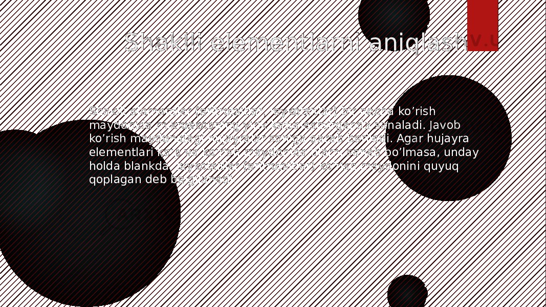  Shaklli elementlarni aniqlash Shaklli elementlar (eritrotsitlar, leykotsitlar) bir necha ko’rish maydonida mikroskopning yirik kattalashtirganda sanaladi. Javob ko’rish maydonidagi hujayralar soniga qarab beriladi. Agar hujayra elementlari ko’p va ko’rish maydonida ularni sanab bo’lmasa, unday holda blankda leykotsitlar (eritrotsitlar) ko’rish maydonini quyuq qoplagan deb belgilanadi. 