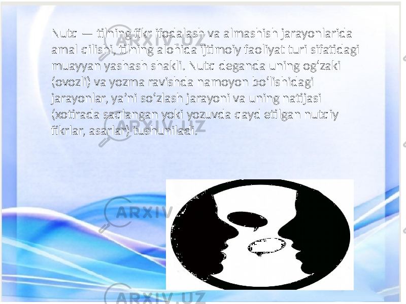 Nutq — tilning fikr ifodalash va almashish jarayonlarida amal qilishi, tilning alohida ijtimoiy faoliyat turi sifatidagi muayyan yashash shakli. Nutq deganda uning ogʻzaki (ovozli) va yozma ravishda namoyon boʻlishidagi jarayonlar, yaʼni soʻzlash jarayoni va uning natijasi (xotirada saqlangan yoki yozuvda qayd etilgan nutqiy fikrlar, asarlar) tushuniladi. 