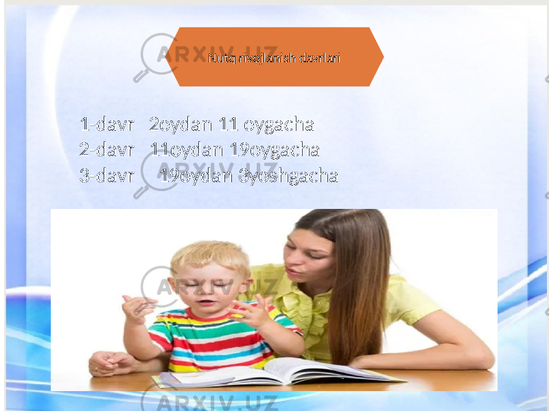 Nutq rivojlanish davrlari 1-davr 2oydan 11 oygacha 2-davr 11oydan 19oygacha 3-davr 19oydan 3yoshgacha 