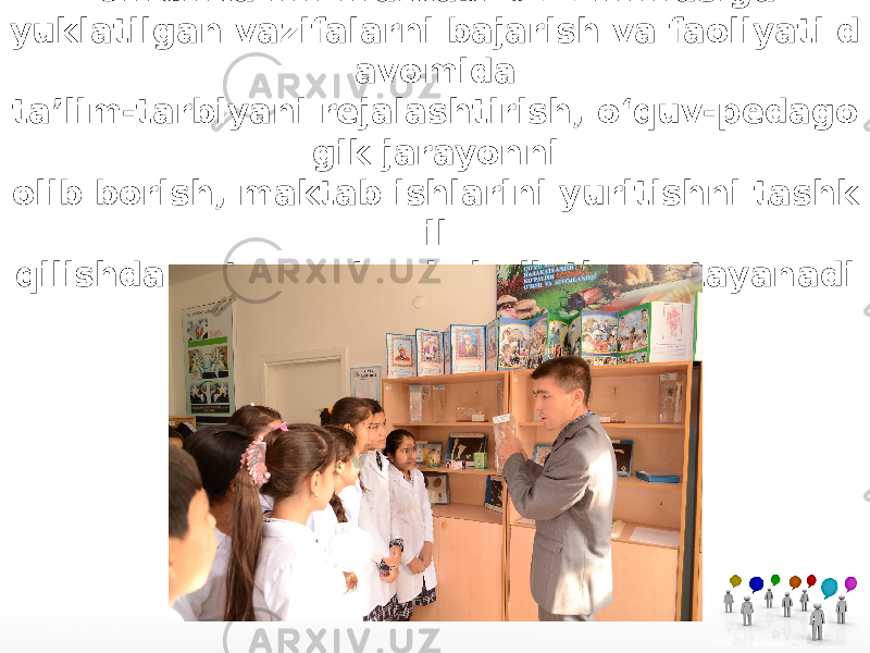 Umumta’lim maktabi o‘z zimmasiga yuklatilgan vazifalarni bajarish va faoliyati d avomida ta’lim-tarbiyani rejalashtirish, o‘quv-pedago gik jarayonni olib borish, maktab ishlarini yuritishni tashk il qilishda qator me’yoriy hujjatlarga tayanadi . 