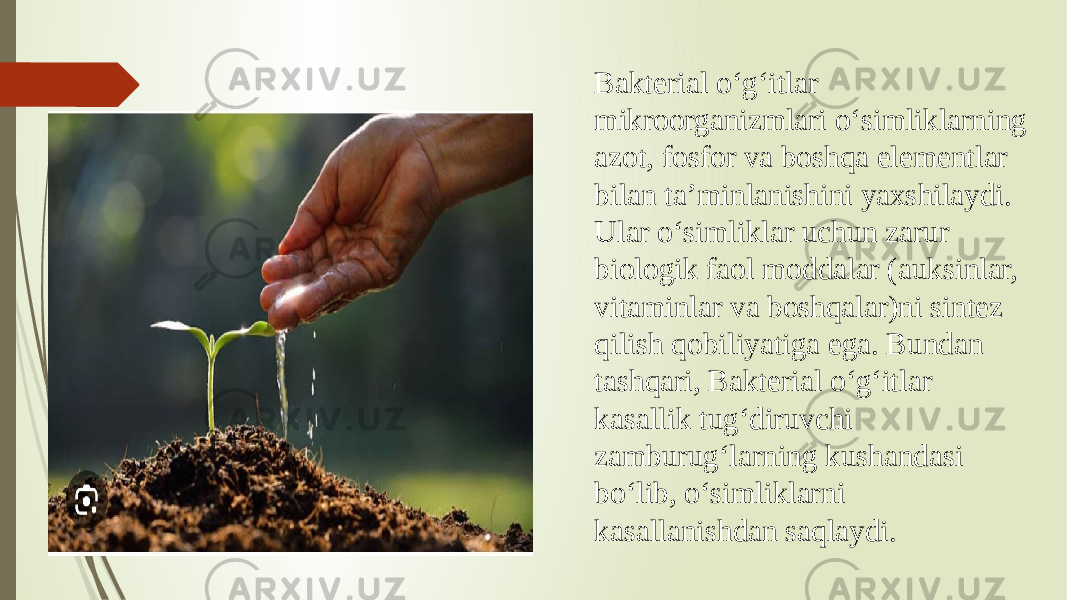 Bakterial oʻgʻitlar mikroorganizmlari oʻsimliklarning azot, fosfor va boshqa elementlar bilan taʼminlanishini yaxshilaydi. Ular oʻsimliklar uchun zarur biologik faol moddalar (auksinlar, vitaminlar va boshqalar)ni sintez qilish qobiliyatiga ega. Bundan tashqari, Bakterial oʻgʻitlar kasallik tugʻdiruvchi zamburugʻlarning kushandasi boʻlib, oʻsimliklarni kasallanishdan saqlaydi. 