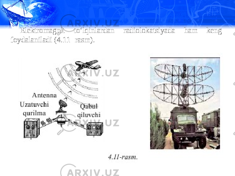 Elektromagnit to‘lqinlardan radiolokatsiyada ham keng foydalaniladi (4.11- rasm). 