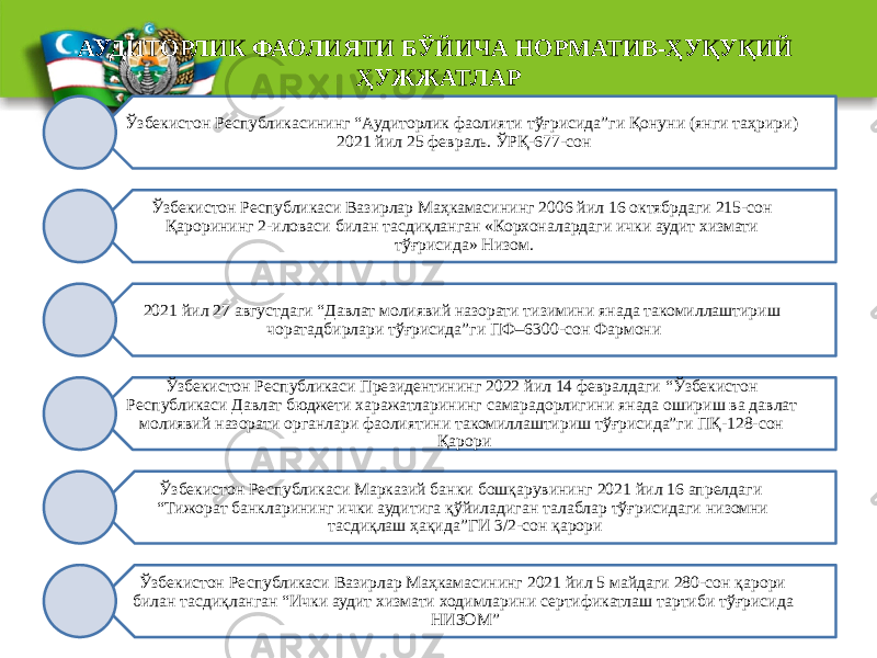 АУДИТОРЛИК ФАОЛИЯТИ БЎЙИЧА НОРМАТИВ-ҲУҚУҚИЙ ҲУЖЖАТЛАР Ўзбекистон Республикасининг “Аудиторлик фаолияти тўғрисида”ги Қонуни (янги таҳрири) 2021 йил 25 февраль. ЎРҚ-677-сон Ўзбекистон Республикаси Вазирлар Маҳкамасининг 2006 йил 16 октябрдаги 215-сон Қарорининг 2-иловаси билан тасдиқланган «Корхоналардаги ички аудит хизмати тўғрисида» Низом. 2021 йил 27 августдаги “Давлат молиявий назорати тизимини янада такомиллаштириш чоратадбирлари тўғрисида”ги ПФ–6300-сон Фармони Ўзбекистон Республикаси Президентининг 2022 йил 14 февралдаги “Ўзбекистон Республикаси Давлат бюджети харажатларининг самарадорлигини янада ошириш ва давлат молиявий назорати органлари фаолиятини такомиллаштириш тўғрисида”ги ПҚ-128-сон Қарори Ўзбекистон Республикаси Марказий банки бошқарувининг 2021 йил 16 апрелдаги “Тижорат банкларининг ички аудитига қўйиладиган талаблар тўғрисидаги низомни тасдиқлаш ҳақида”ГИ 3/2-сон қарори Ўзбекистон Республикаси Вазирлар Маҳкамасининг 2021 йил 5 майдаги 280-сон қарори билан тасдиқланган “Ички аудит хизмати ходимларини сертификатлаш тартиби тўғрисида НИЗОМ” 