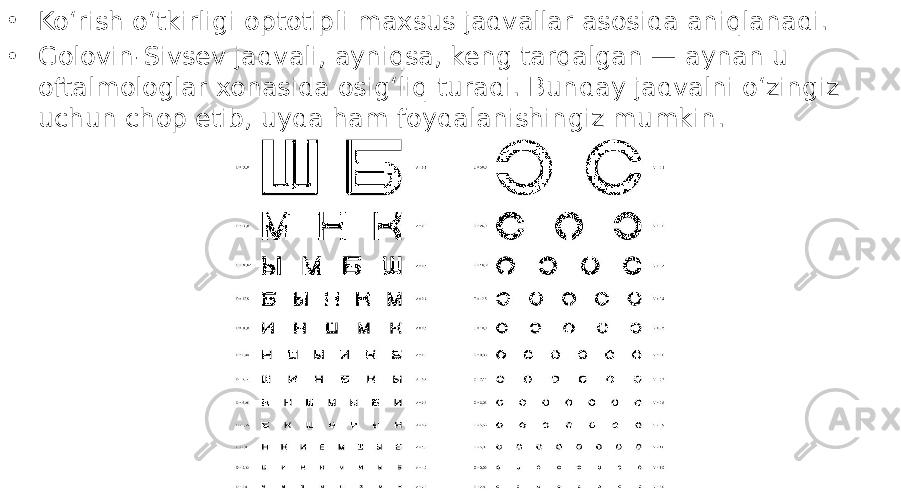 • Ko‘rish o‘tkirligi optotipli maxsus jadvallar asosida aniqlanadi. • Golovin-Sivsev jadvali, ayniqsa, keng tarqalgan — aynan u oftalmologlar xonasida osig‘liq turadi. Bunday jadvalni o‘zingiz uchun chop etib, uyda ham foydalanishingiz mumkin. 