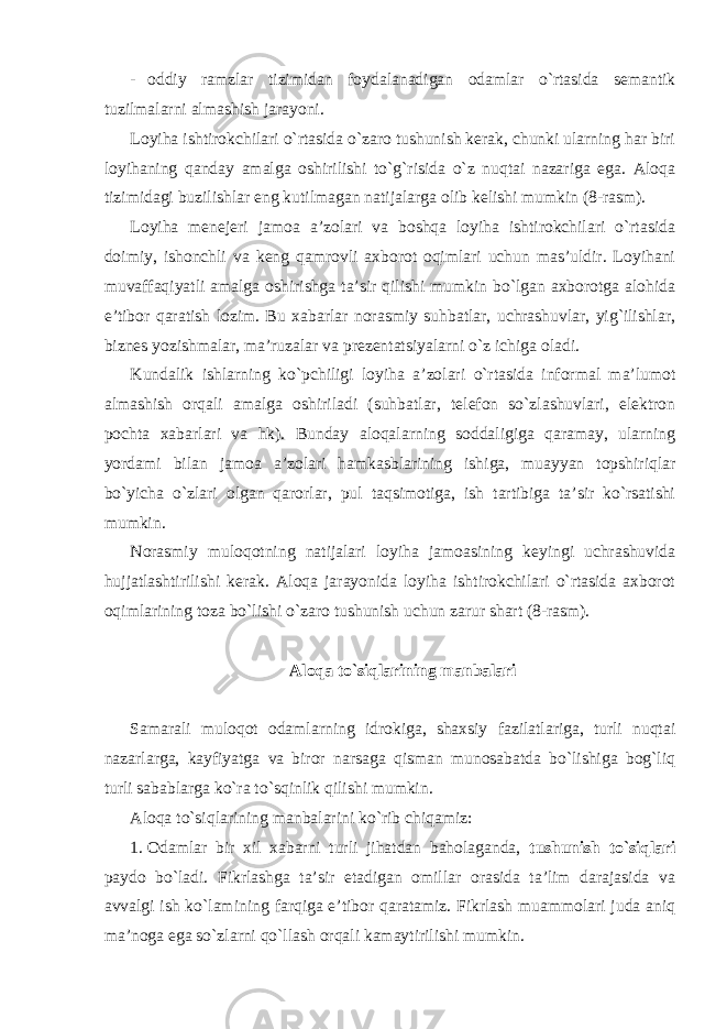 - oddiy ramzlar tizimidan foydalanadigan odamlar o`rtasida semantik tuzilmalarni almashish jarayoni. Loyiha ishtirokchilari o`rtasida o`zaro tushunish kerak, chunki ularning har biri loyihaning qanday amalga oshirilishi to`g`risida o`z nuqtai nazariga ega. Aloqa tizimidagi buzilishlar eng kutilmagan natijalarga olib kelishi mumkin (8-rasm). Loyiha menejeri jamoa a’zolari va boshqa loyiha ishtirokchilari o`rtasida doimiy, ishonchli va keng qamrovli axborot oqimlari uchun mas’uldir. Loyihani muvaffaqiyatli amalga oshirishga ta’sir qilishi mumkin bo`lgan axborotga alohida e’tibor qaratish lozim. Bu xabarlar norasmiy suhbatlar, uchrashuvlar, yig`ilishlar, biznes yozishmalar, ma’ruzalar va prezentatsiyalarni o`z ichiga oladi. Kundalik ishlarning ko`pchiligi loyiha a’zolari o`rtasida informal ma’lumot almashish orqali amalga oshiriladi (suhbatlar, telefon so`zlashuvlari, elektron pochta xabarlari va hk). Bunday aloqalarning soddaligiga qaramay, ularning yordami bilan jamoa a’zolari hamkasblarining ishiga, muayyan topshiriqlar bo`yicha o`zlari olgan qarorlar, pul taqsimotiga, ish tartibiga ta’sir ko`rsatishi mumkin. Norasmiy muloqotning natijalari loyiha jamoasining keyingi uchrashuvida hujjatlashtirilishi kerak. Aloqa jarayonida loyiha ishtirokchilari o`rtasida axborot oqimlarining toza bo`lishi o`zaro tushunish uchun zarur shart (8-rasm). Aloqa to`siqlarining manbalari Samarali muloqot odamlarning idrokiga, shaxsiy fazilatlariga, turli nuqtai nazarlarga, kayfiyatga va biror narsaga qisman munosabatda bo`lishiga bog`liq turli sabablarga ko`ra to`sqinlik qilishi mumkin. Aloqa to`siqlarining manbalarini ko`rib chiqamiz: 1. Odamlar bir xil xabarni turli jihatdan baholaganda, tushunish to`siqlari paydo bo`ladi. Fikrlashga ta’sir etadigan omillar orasida ta’lim darajasida va avvalgi ish ko`lamining farqiga e’tibor qaratamiz. Fikrlash muammolari juda aniq ma’noga ega so`zlarni qo`llash orqali kamaytirilishi mumkin. 