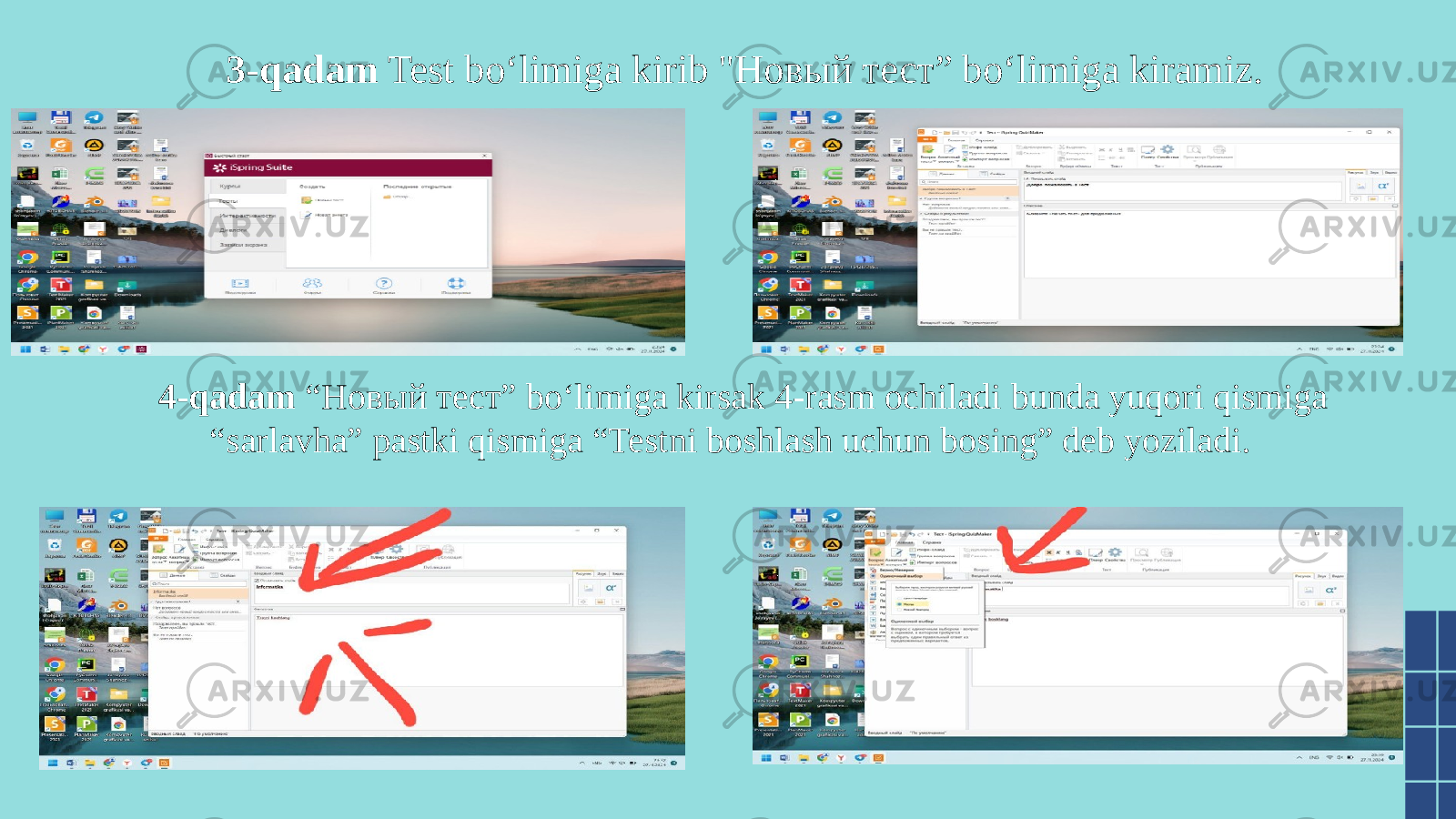 3-qadam Test bo‘limiga kirib &#34;Новый тест” bo‘limiga kiramiz. 4-qadam “Новый тест” bo‘limiga kirsak 4-rasm ochiladi bunda yuqori qismiga “sarlavha” pastki qismiga “Testni boshlash uchun bosing” deb yoziladi. 