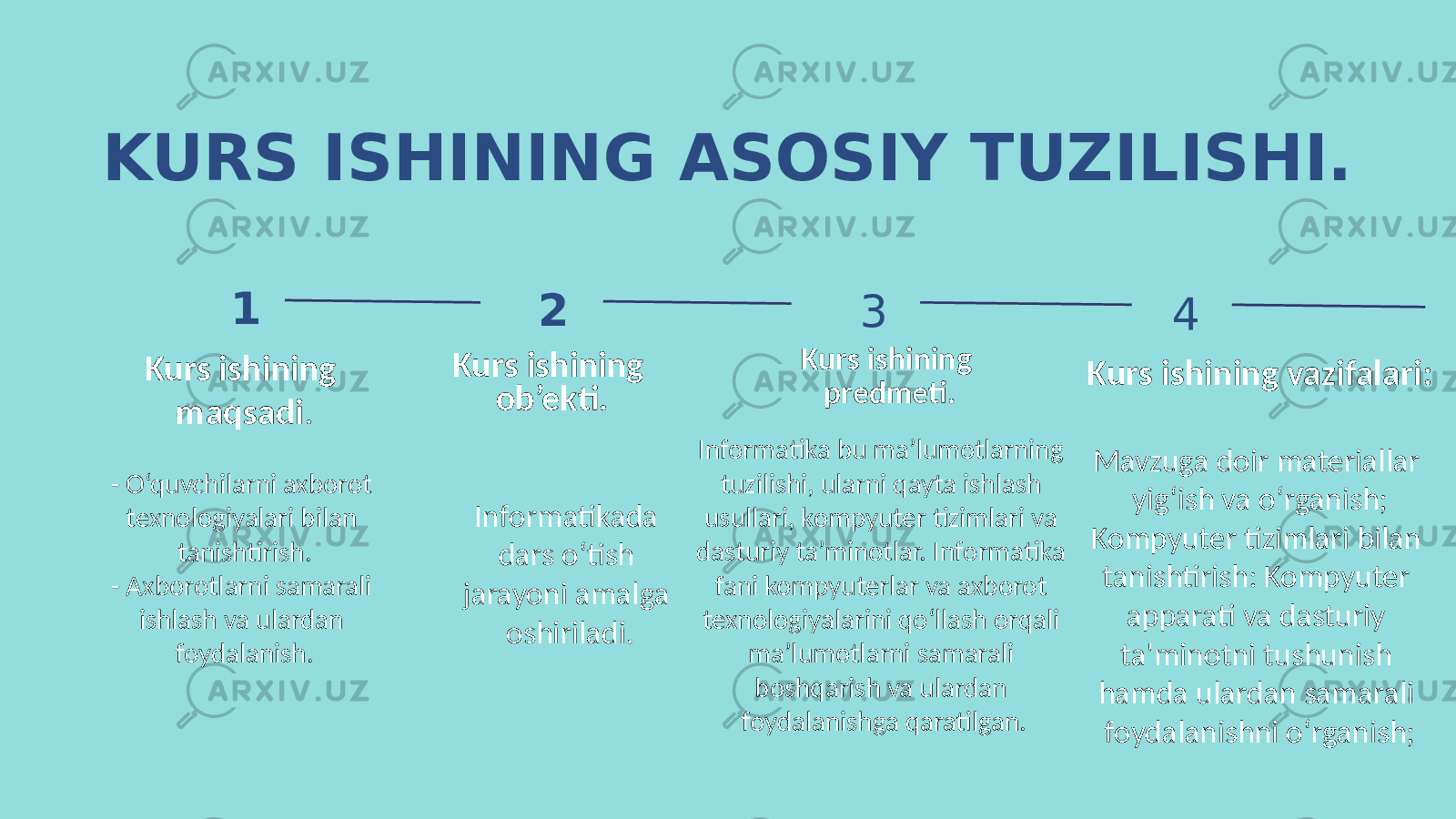 1 2KURS ISHINING ASOSIY TUZILISHI. Informatikada dars o‘tish jarayoni amalga oshiriladi.Kurs ishining ob’ekti. - O‘quvchilarni axborot texnologiyalari bilan tanishtirish. - Axborotlarni samarali ishlash va ulardan foydalanish.Kurs ishining maqsadi . Informatika bu ma’lumotlarning tuzilishi, ularni qayta ishlash usullari, kompyuter tizimlari va dasturiy ta’minotlar. Informatika fani kompyuterlar va axborot texnologiyalarini qo‘llash orqali ma’lumotlarni samarali boshqarish va ulardan foydalanishga qaratilgan. Kurs ishining predmeti. Mavzuga doir materiallar yig‘ish va o‘rganish; Kompyuter tizimlari bilan tanishtirish: Kompyuter apparati va dasturiy ta&#39;minotni tushunish hamda ulardan samarali foydalanishni o‘rganish;Kurs ishining vazifalari:3 4 