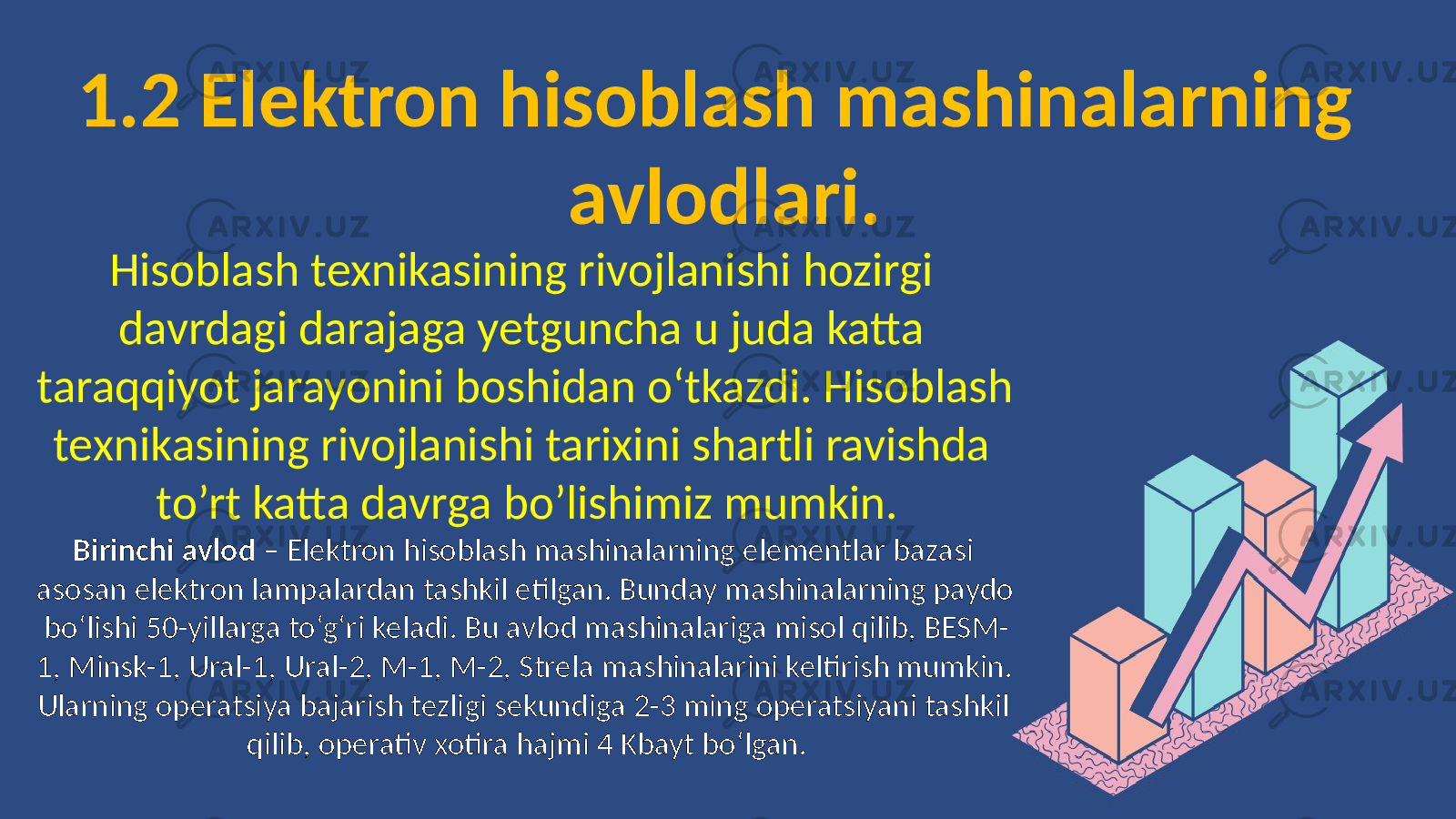 1.2 Elektron hisoblash mashinalarning avlodlari. Hisoblash tеxnikasining rivojlanishi hozirgi davrdagi darajaga yеtguncha u juda katta taraqqiyot jarayonini boshidan o‘tkazdi. Hisoblash tеxnikasining rivojlanishi tarixini shartli ravishda to’rt katta davrga bo’lishimiz mumkin. Birinchi avlod – Elektron hisoblash mashinalarning elementlar bazasi asosan elektron lampalardan tashkil etilgan. Bunday mashinalarning paydo bo‘lishi 50-yillarga to‘g‘ri keladi. Bu avlod mashinalariga misol qilib, BESM- 1, Minsk-1, Ural-1, Ural-2, M-1, M-2, Strela mashinalarini keltirish mumkin. Ularning operatsiya bajarish tezligi sekundiga 2-3 ming operatsiyani tashkil qilib, operativ xotira hajmi 4 Kbayt bo‘lgan. 