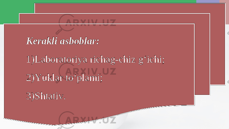 Kerakli asboblar: 1) Laboratoriya richag-chiz g‘ichi; 2) Yuklar to‘plami; 3) Shtativ. 