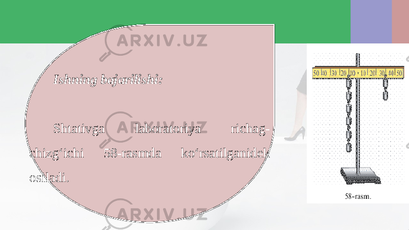 Ishning bajarilishi: Shtativga laboratoriya richag- chizg‘ichi 58-rasmda ko‘rsatilganidek osiladi. 