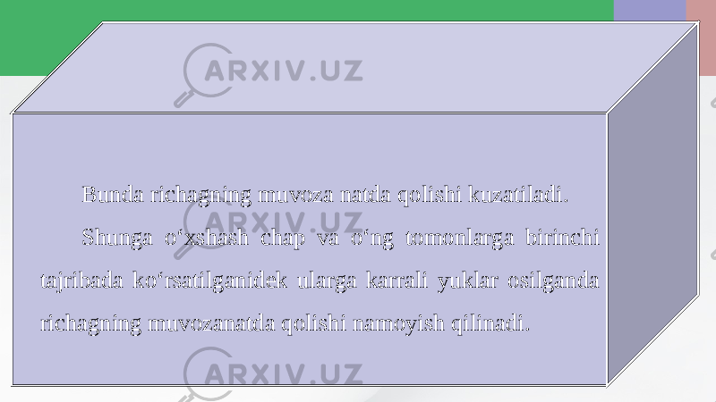 Bunda richagning muvoza natda qolishi kuzatiladi. Shunga o‘xshash chap va o‘ng tomonlarga birinchi tajribada ko‘rsatilganidek ularga karrali yuklar osilganda richagning muvozanatda qolishi namoyish qilinadi. 