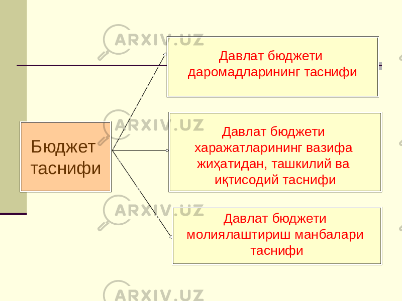 Бюджет таснифи Давлат бюджети даромадларининг таснифи Давлат бюджети харажатларининг вазифа жиҳатидан, ташкилий ва иқтисодий таснифи Давлат бюджети молиялаштириш манбалари таснифи 