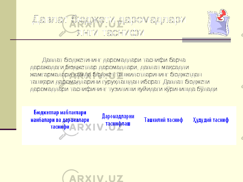 Давлат бюджети даромадлари янги таснифи Давлат бюджетининг даромадлари таснифи барча даражадаги бюджетлар даромадлари, давлат мақсадли жамғармалари ҳамда бюджет ташкилотларининг бюджетдан ташқари даромадларини гуруҳлашдан иборат. Давлат бюджети даромадлари таснифининг тузилиши қуйидаги кўринишда бўлади 